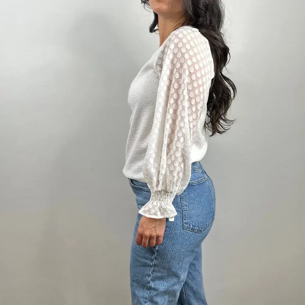 Sunday in Brooklyn White Sheer Polka Dot Sleeve Blouse
